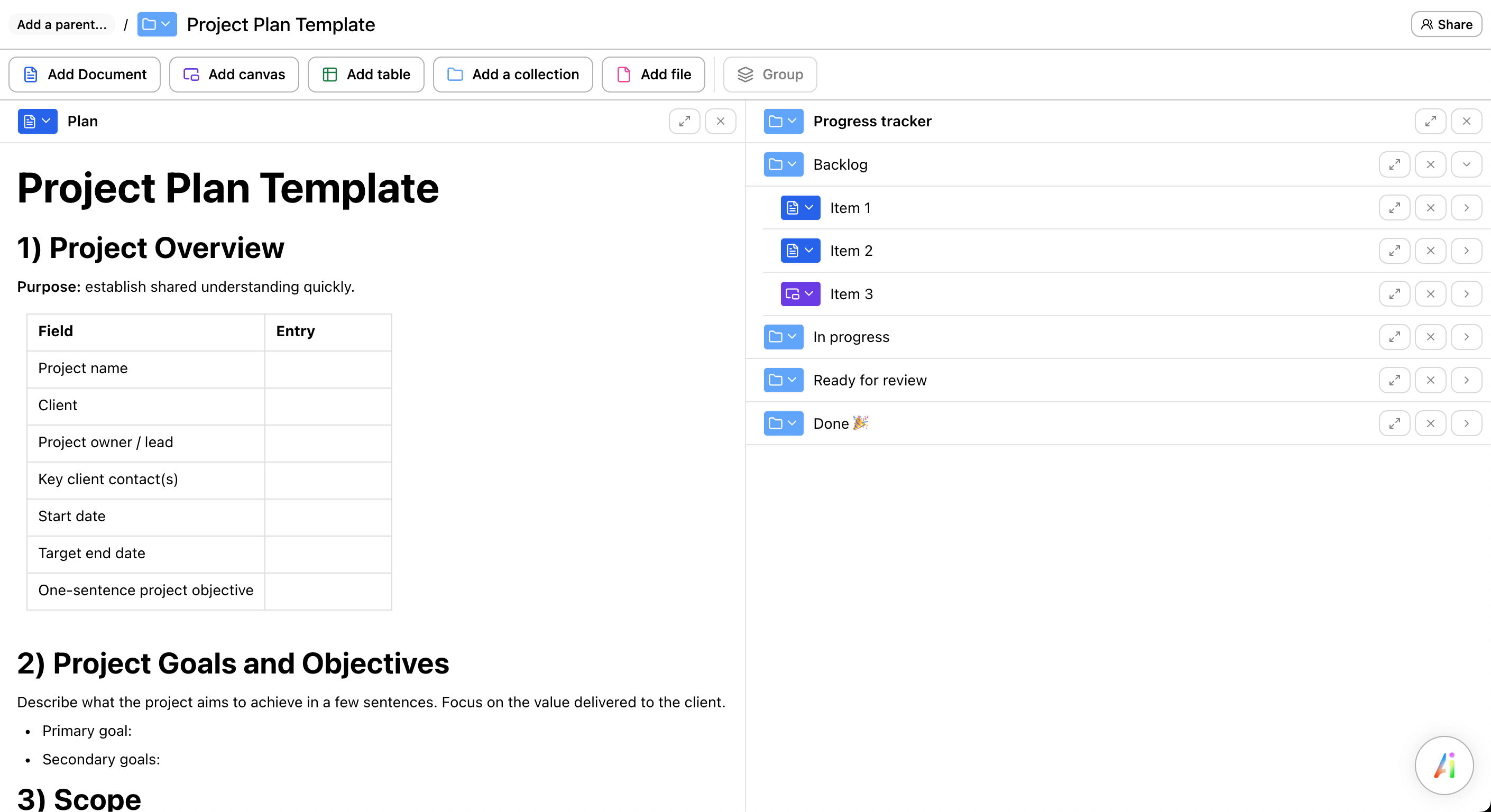 Preview of a project plan template with project overview, goals, scope, risks, and a progress tracker.